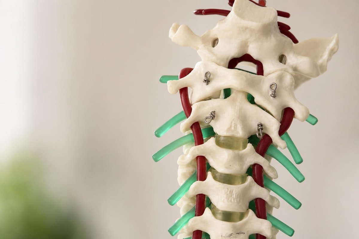 Spine anatomy model used in chiropractic evaluation of cervicogenic headaches and migraines at Crest Hill Clinic