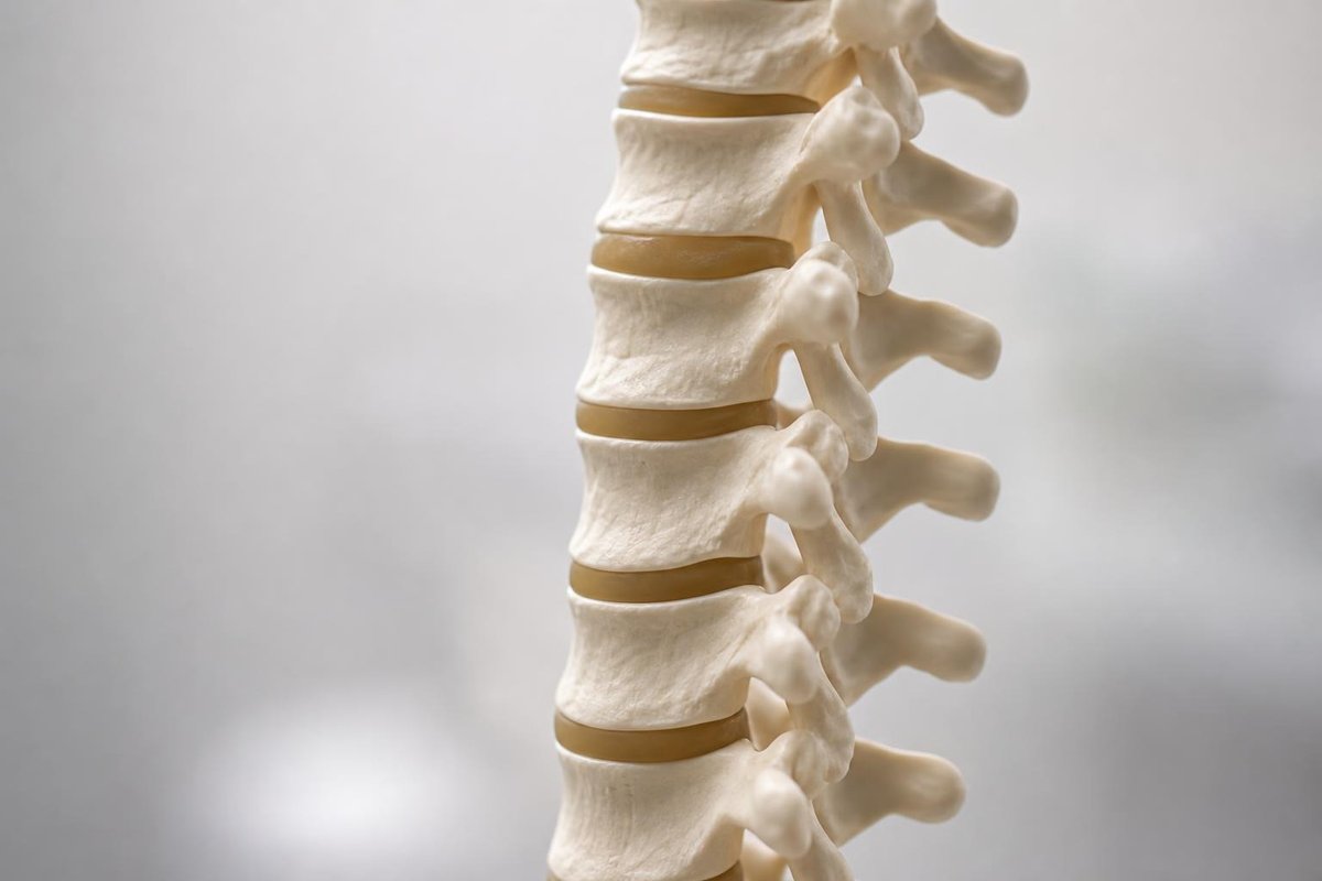 Cervical spine anatomy model showing vertebral curvature and disc structure relevant to neck pain