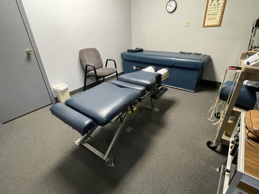 Chiropractic treatment room and adjustment table at Crest Hill Clinic near Joliet